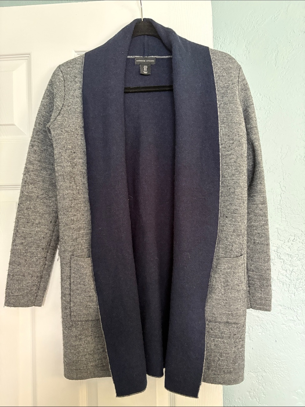 Adrienne Vittadini Gray and Navy Open-Front Cardigan